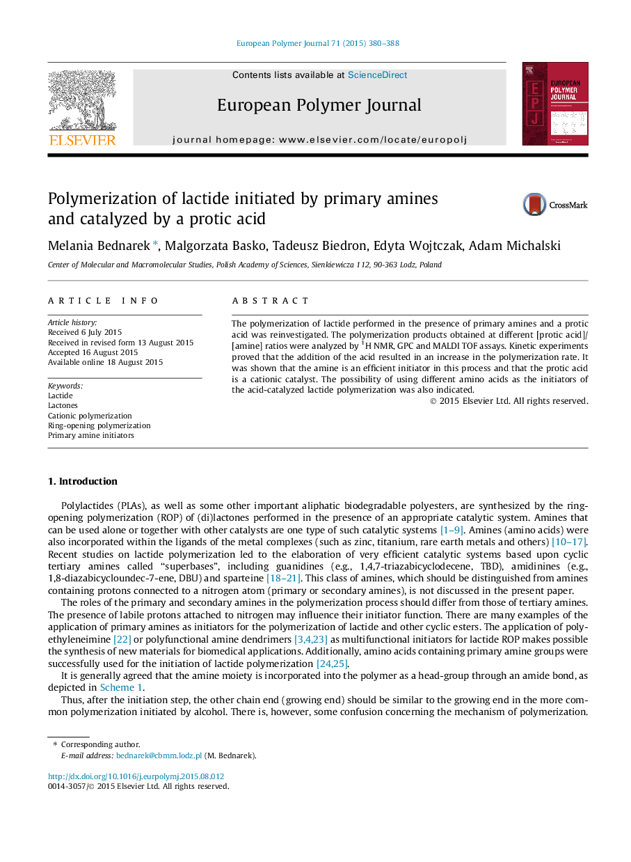 Polymerization of lactide initiated by primary amines and catalyzed by a protic acid