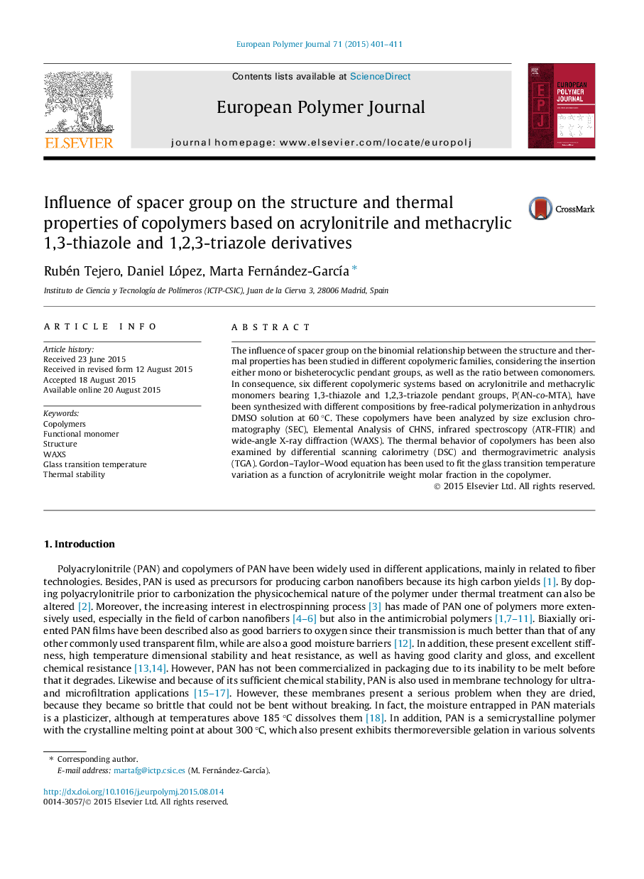 Influence of spacer group on the structure and thermal properties of copolymers based on acrylonitrile and methacrylic 1,3-thiazole and 1,2,3-triazole derivatives