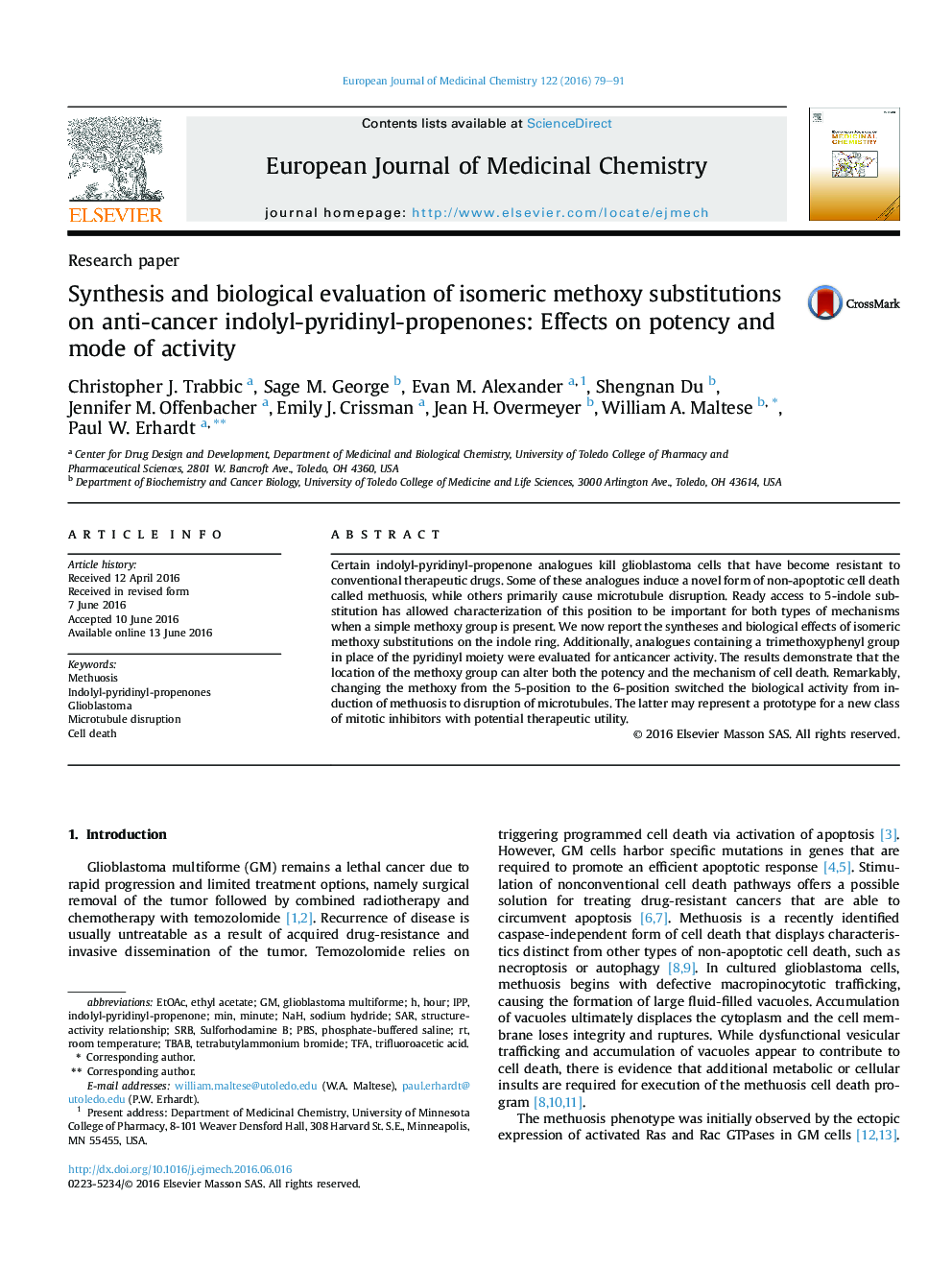 Synthesis and biological evaluation of isomeric methoxy substitutions on anti-cancer indolyl-pyridinyl-propenones: Effects on potency and mode of activity