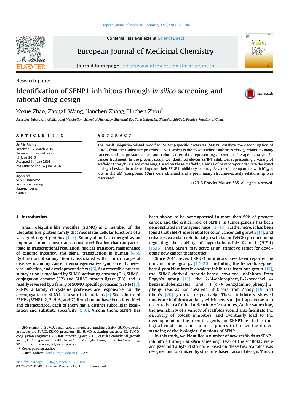 Identification of SENP1 inhibitors through in silico screening and rational drug design