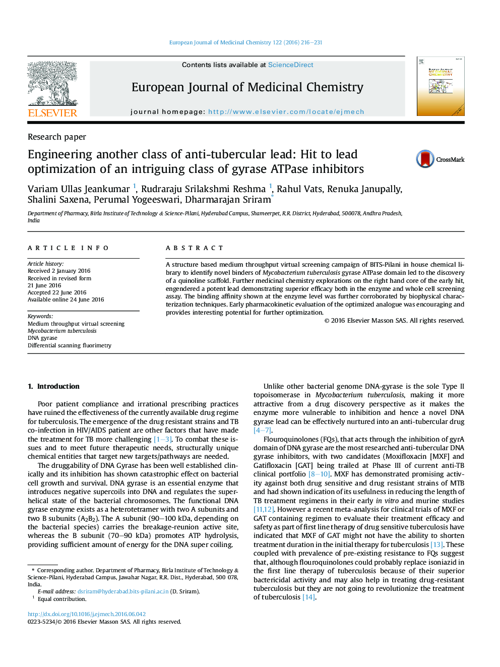 Engineering another class of anti-tubercular lead: Hit to lead optimization of an intriguing class of gyrase ATPase inhibitors