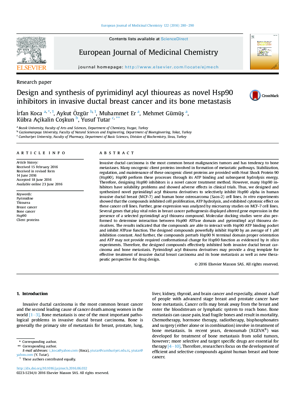 Design and synthesis of pyrimidinyl acyl thioureas as novel Hsp90 inhibitors in invasive ductal breast cancer and its bone metastasis