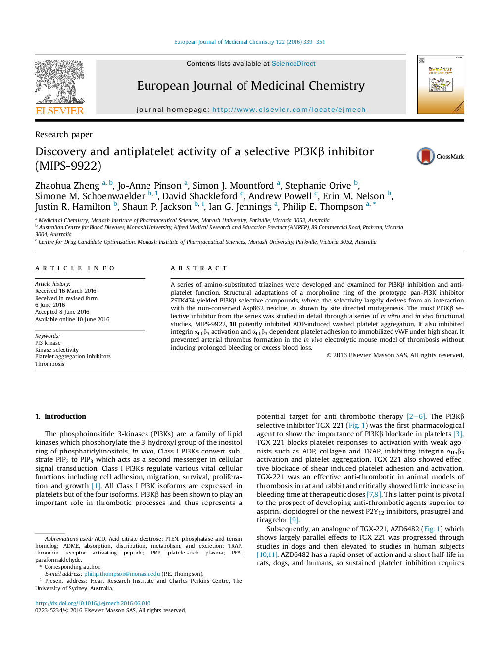 Discovery and antiplatelet activity of a selective PI3Kβ inhibitor (MIPS-9922)