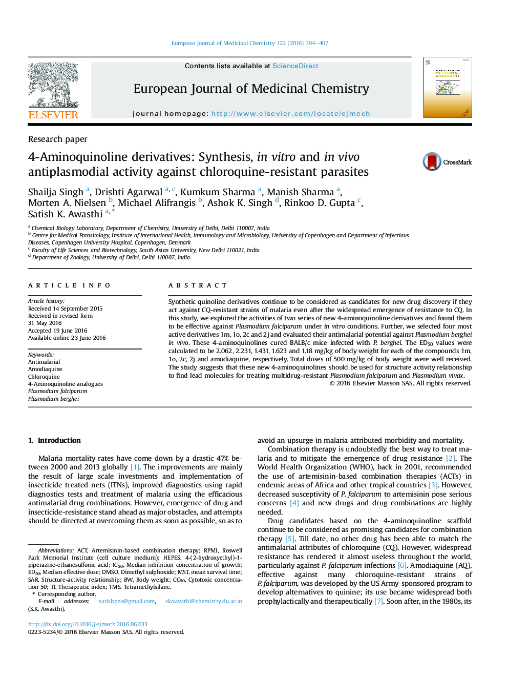 4-Aminoquinoline derivatives: Synthesis, in vitro and in vivo antiplasmodial activity against chloroquine-resistant parasites