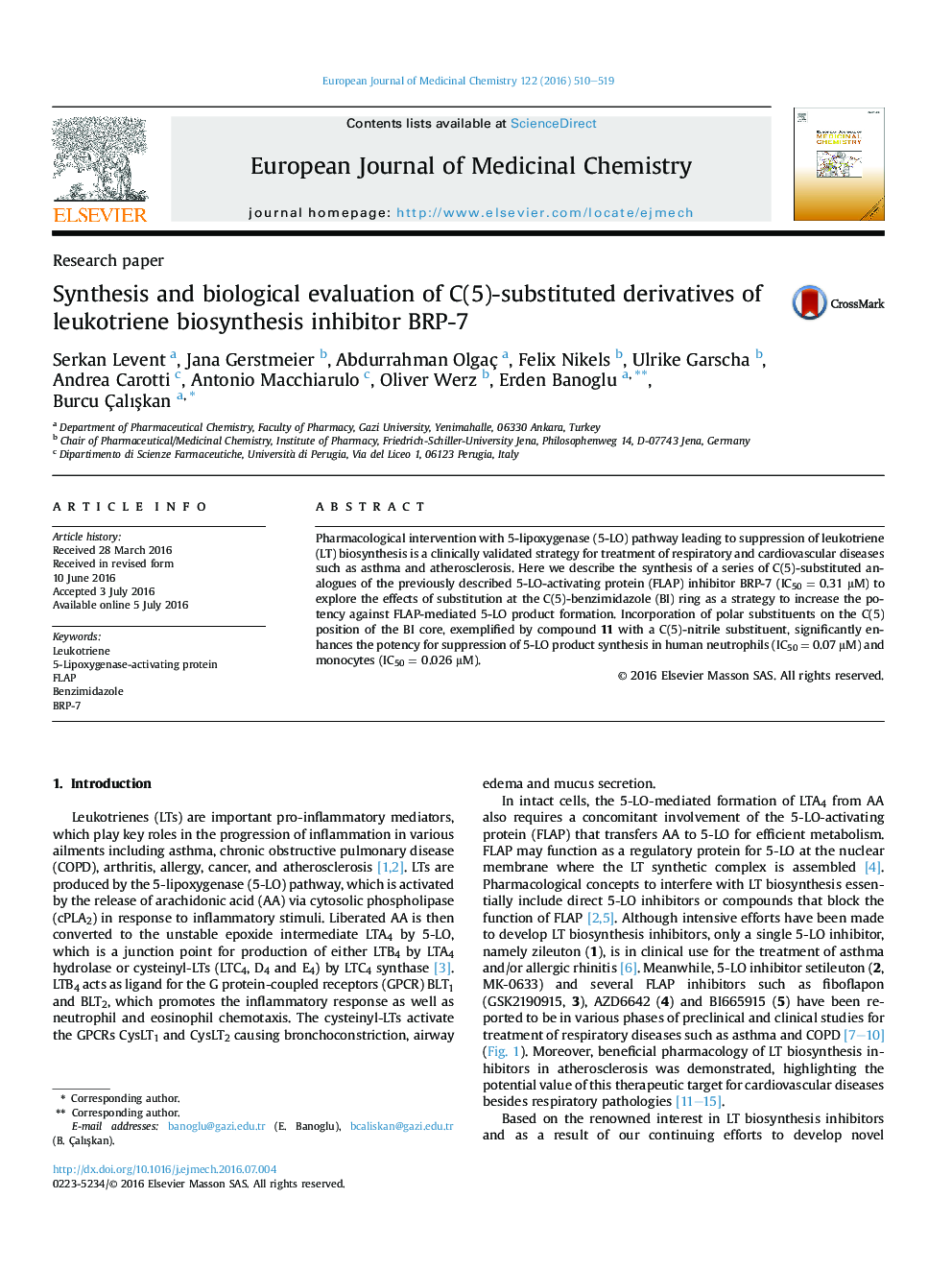 Synthesis and biological evaluation of C(5)-substituted derivatives of leukotriene biosynthesis inhibitor BRP-7