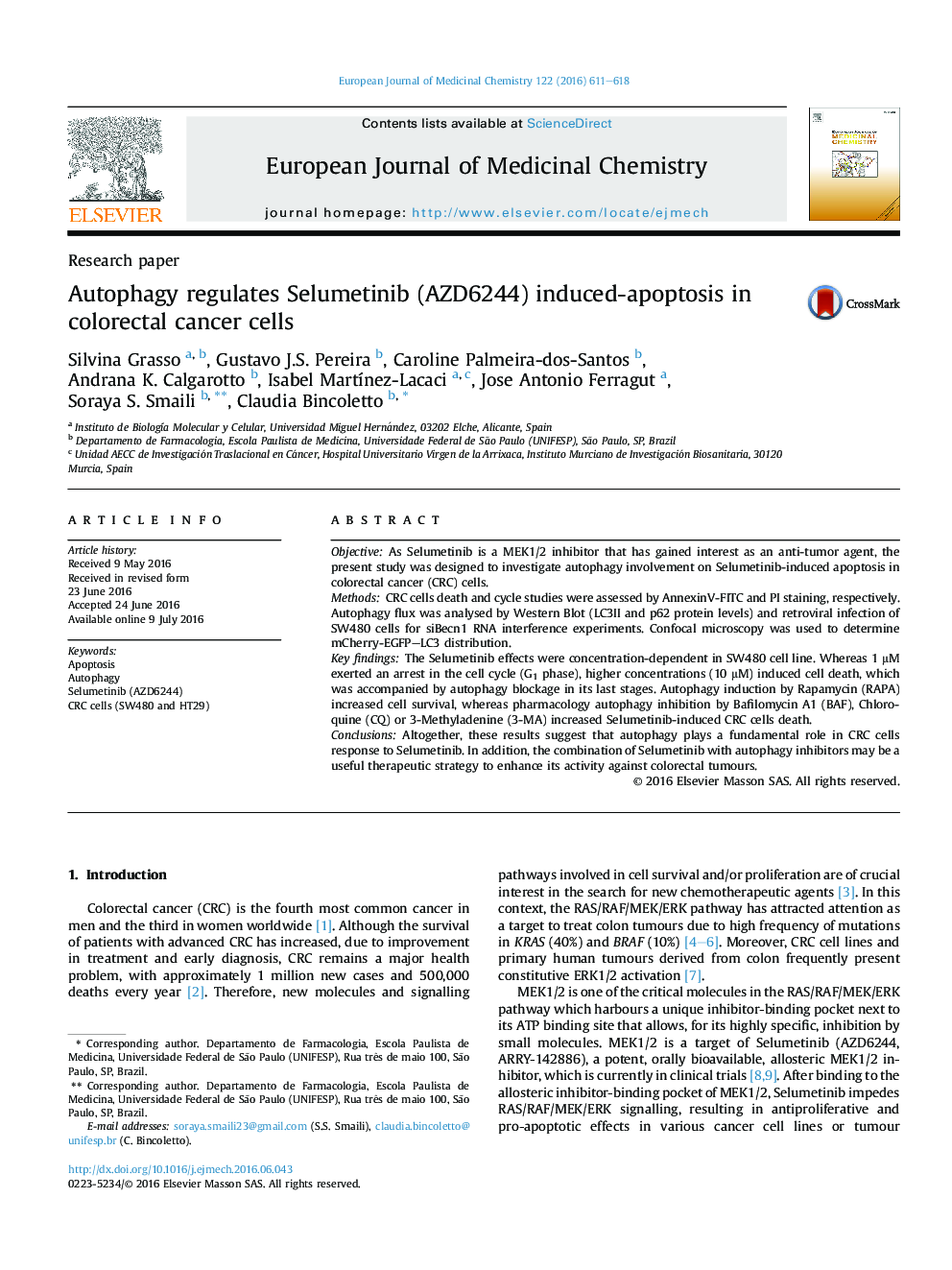 Autophagy regulates Selumetinib (AZD6244) induced-apoptosis in colorectal cancer cells