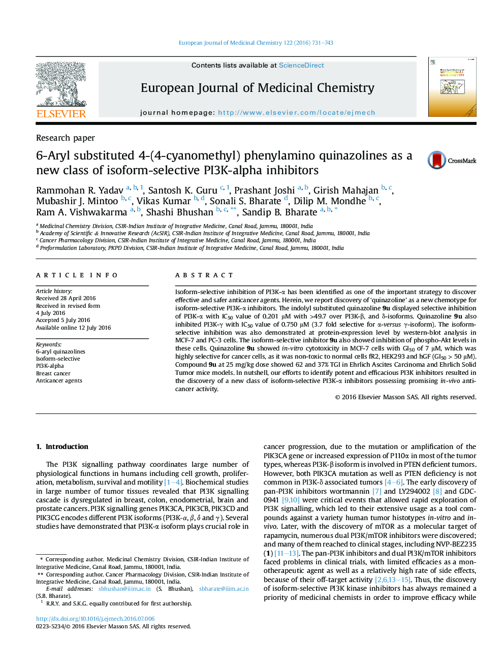 6-Aryl substituted 4-(4-cyanomethyl) phenylamino quinazolines as a new class of isoform-selective PI3K-alpha inhibitors