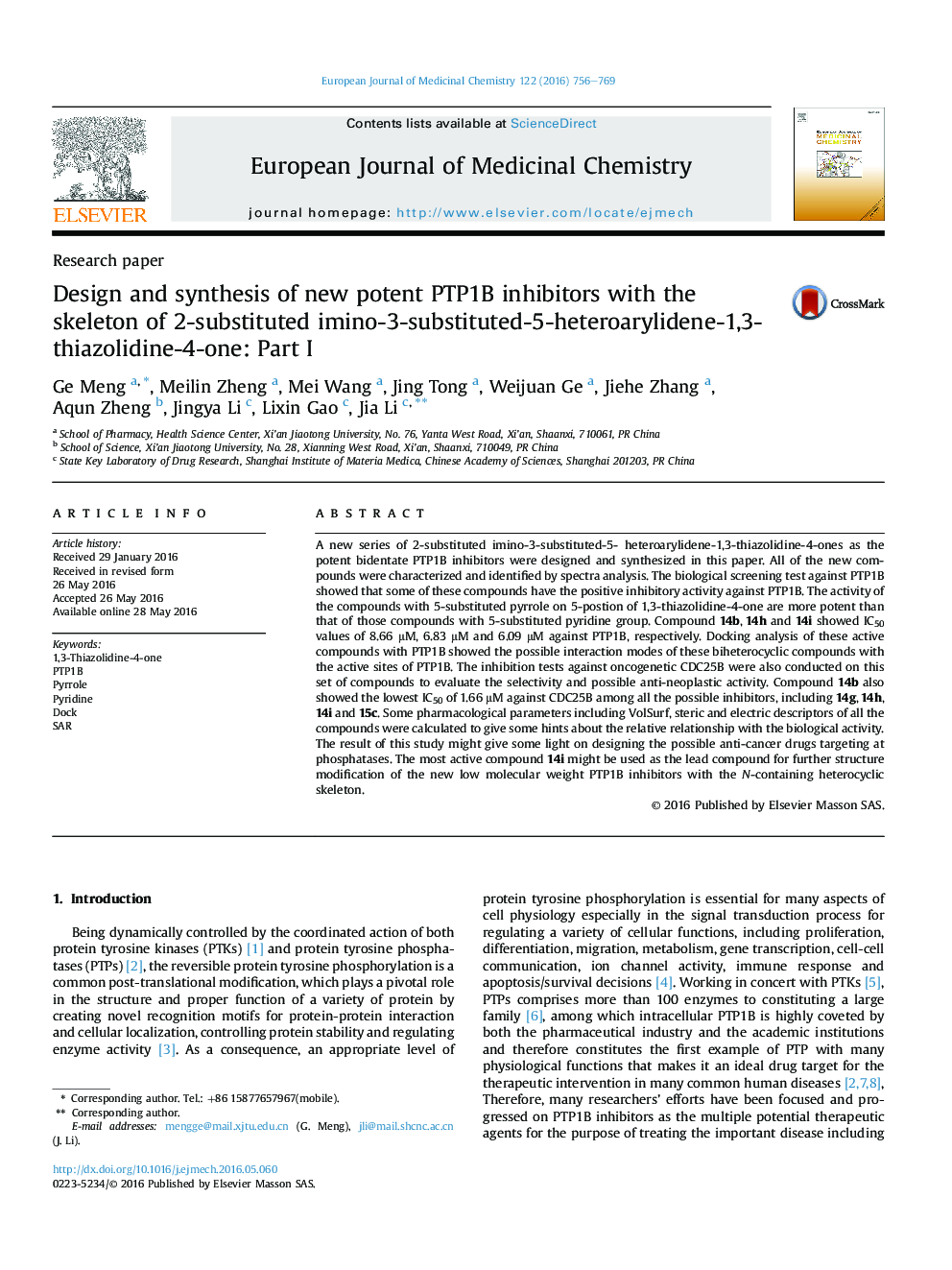 Design and synthesis of new potent PTP1B inhibitors with the skeleton of 2-substituted imino-3-substituted-5-heteroarylidene-1,3-thiazolidine-4-one: Part I