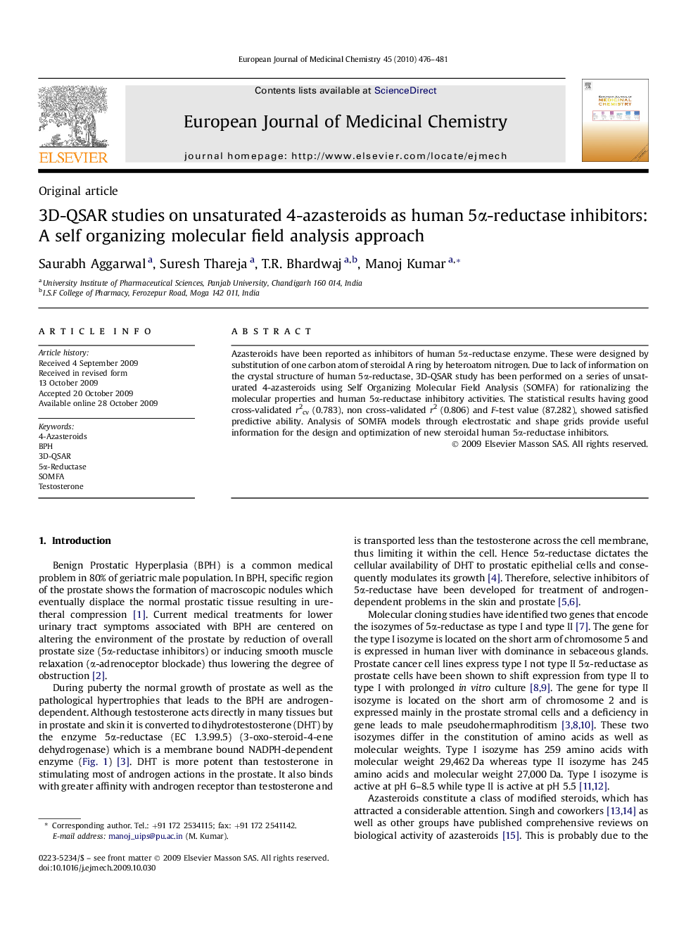 3D-QSAR studies on unsaturated 4-azasteroids as human 5α-reductase inhibitors: A self organizing molecular field analysis approach