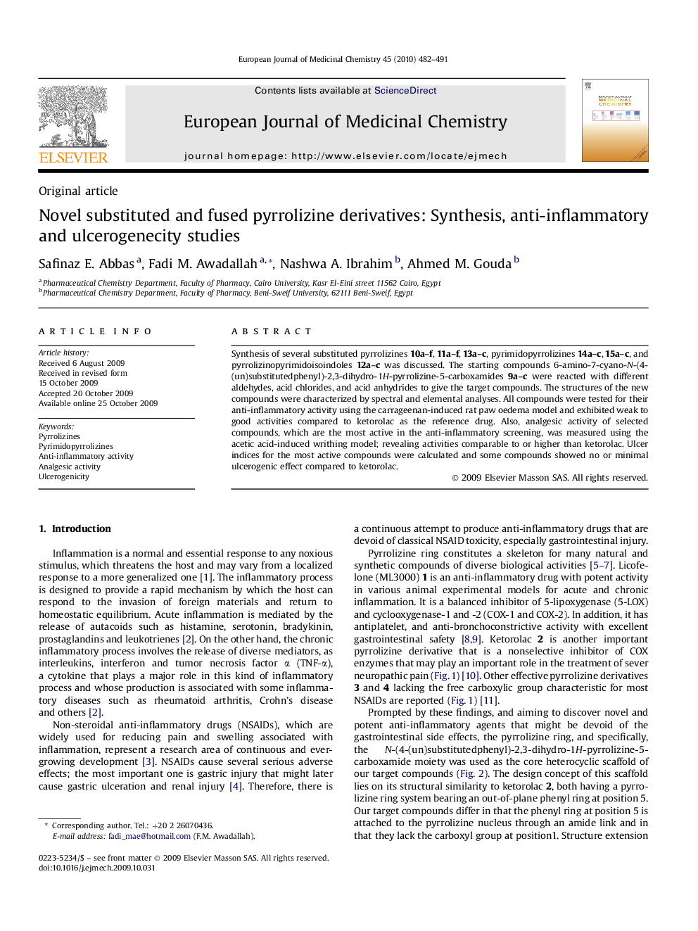 Novel substituted and fused pyrrolizine derivatives: Synthesis, anti-inflammatory and ulcerogenecity studies