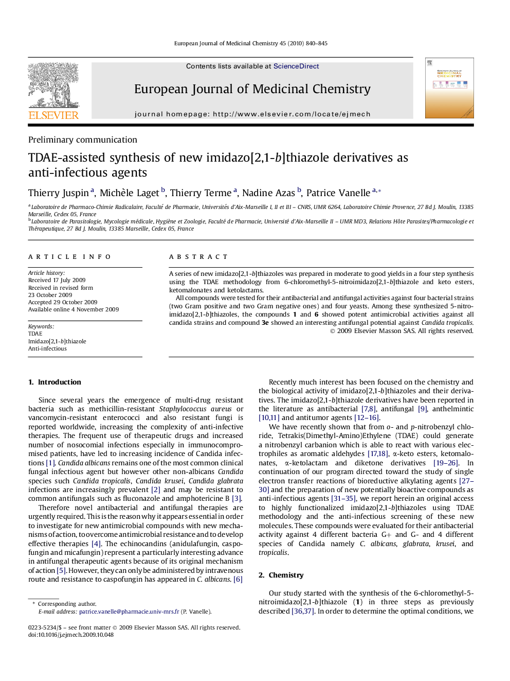 TDAE-assisted synthesis of new imidazo[2,1-b]thiazole derivatives as anti-infectious agents