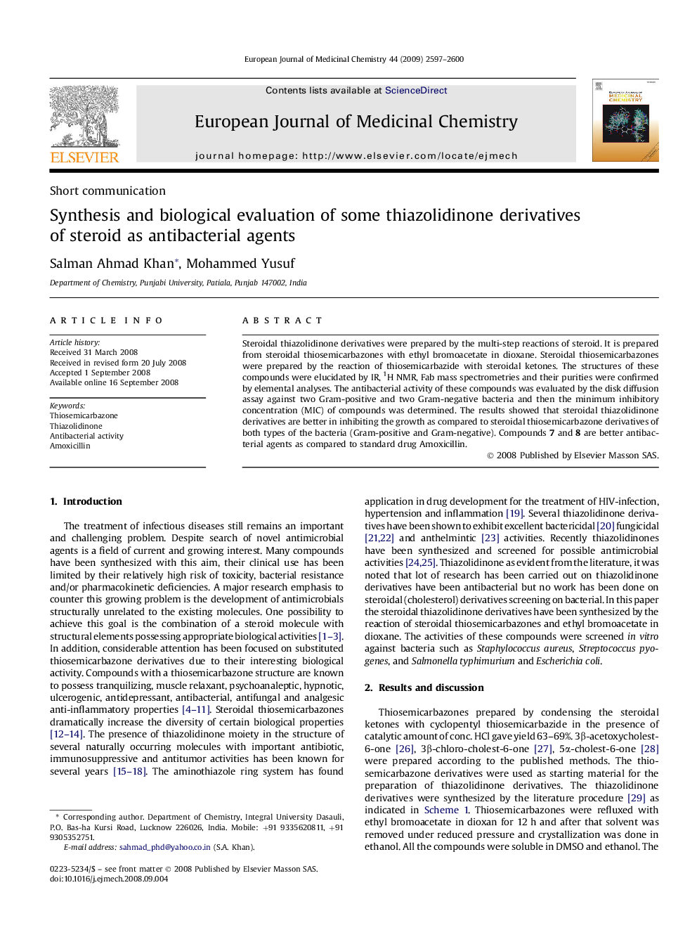 Synthesis and biological evaluation of some thiazolidinone derivatives of steroid as antibacterial agents