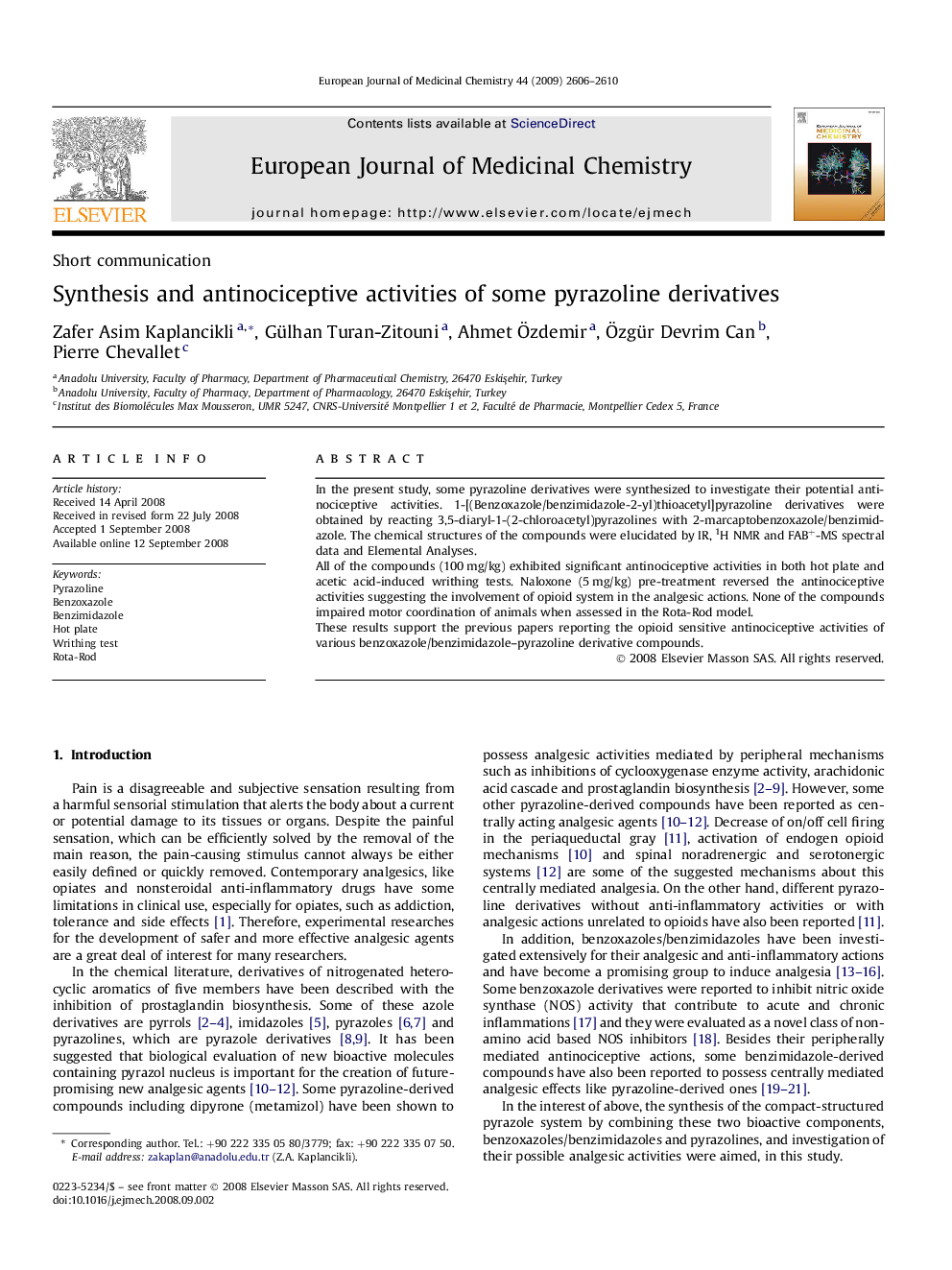 Synthesis and antinociceptive activities of some pyrazoline derivatives