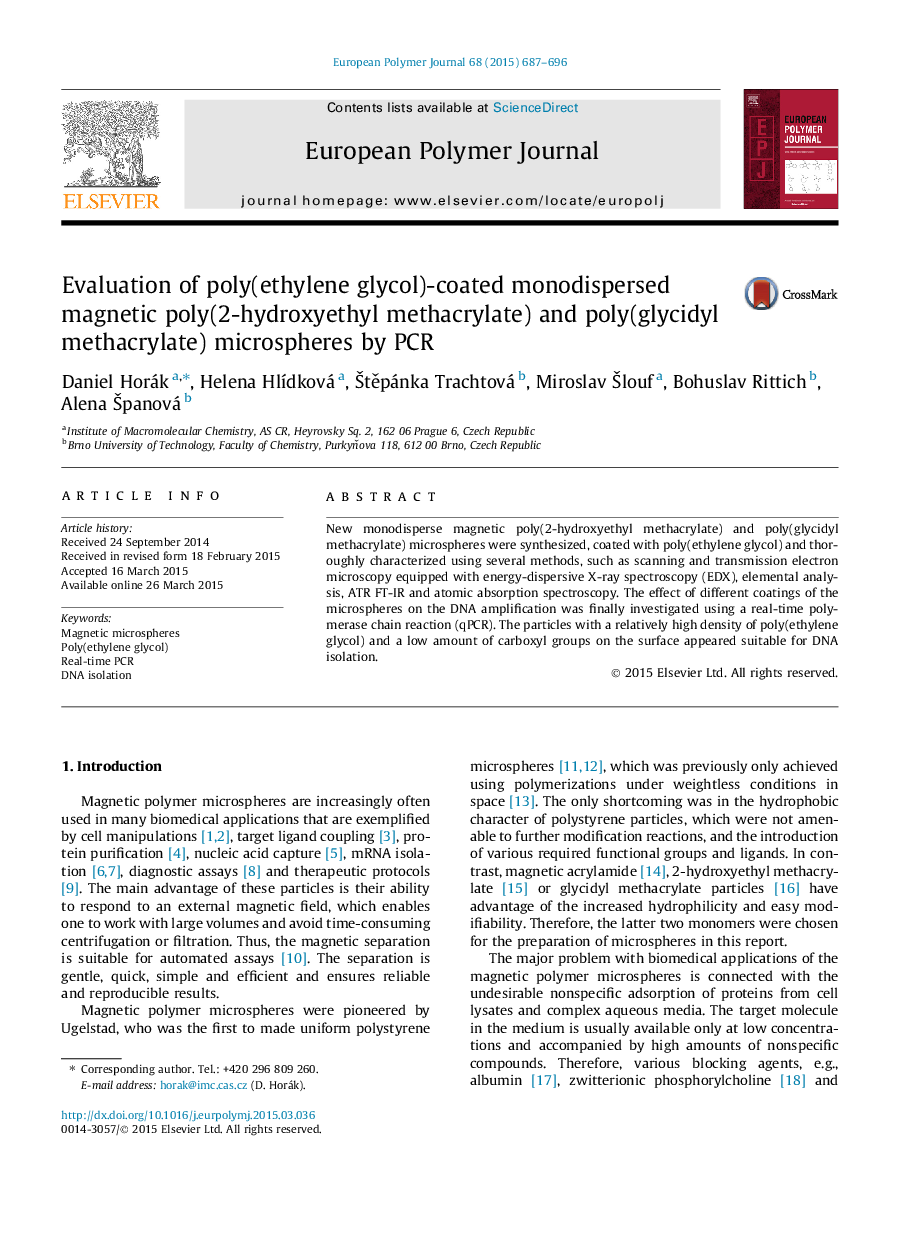 Evaluation of poly(ethylene glycol)-coated monodispersed magnetic poly(2-hydroxyethyl methacrylate) and poly(glycidyl methacrylate) microspheres by PCR