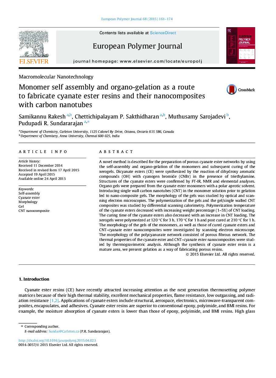 Monomer self assembly and organo-gelation as a route to fabricate cyanate ester resins and their nanocomposites with carbon nanotubes