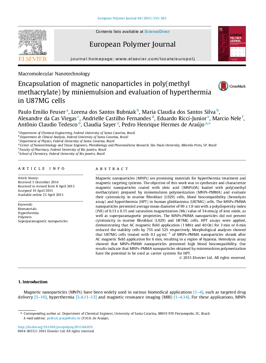 Encapsulation of magnetic nanoparticles in poly(methyl methacrylate) by miniemulsion and evaluation of hyperthermia in U87MG cells