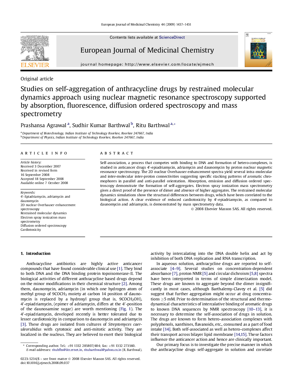 Studies on self-aggregation of anthracycline drugs by restrained molecular dynamics approach using nuclear magnetic resonance spectroscopy supported by absorption, fluorescence, diffusion ordered spectroscopy and mass spectrometry