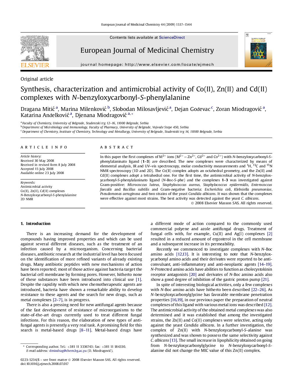 Synthesis, characterization and antimicrobial activity of Co(II), Zn(II) and Cd(II) complexes with N-benzyloxycarbonyl-S-phenylalanine