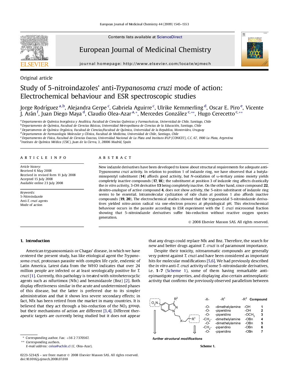 Study of 5-nitroindazoles' anti-Trypanosoma cruzi mode of action: Electrochemical behaviour and ESR spectroscopic studies