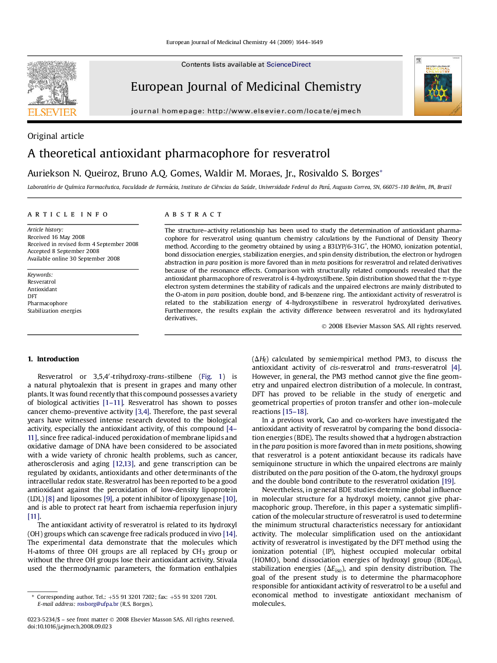 A theoretical antioxidant pharmacophore for resveratrol