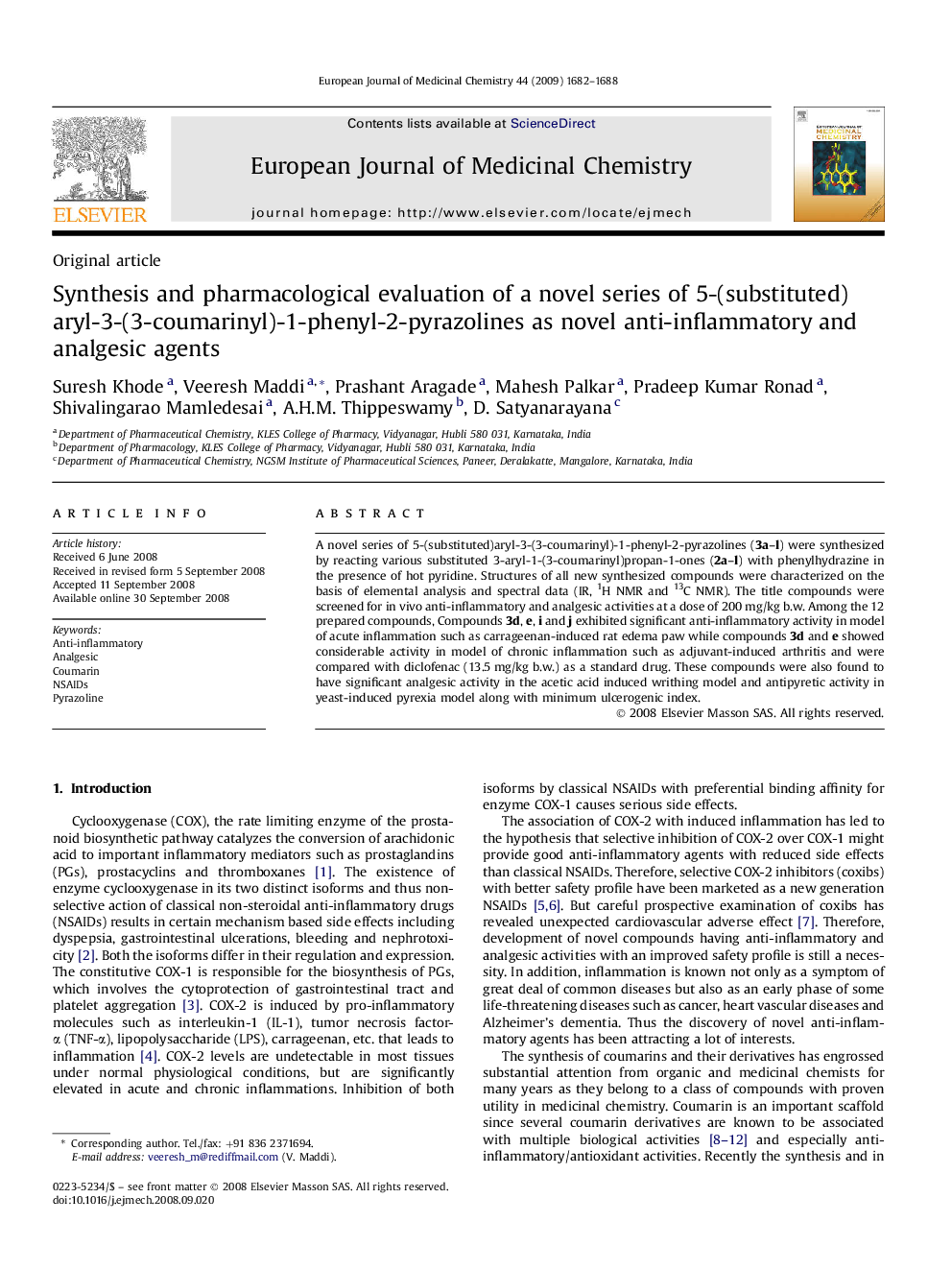 Synthesis and pharmacological evaluation of a novel series of 5-(substituted)aryl-3-(3-coumarinyl)-1-phenyl-2-pyrazolines as novel anti-inflammatory and analgesic agents