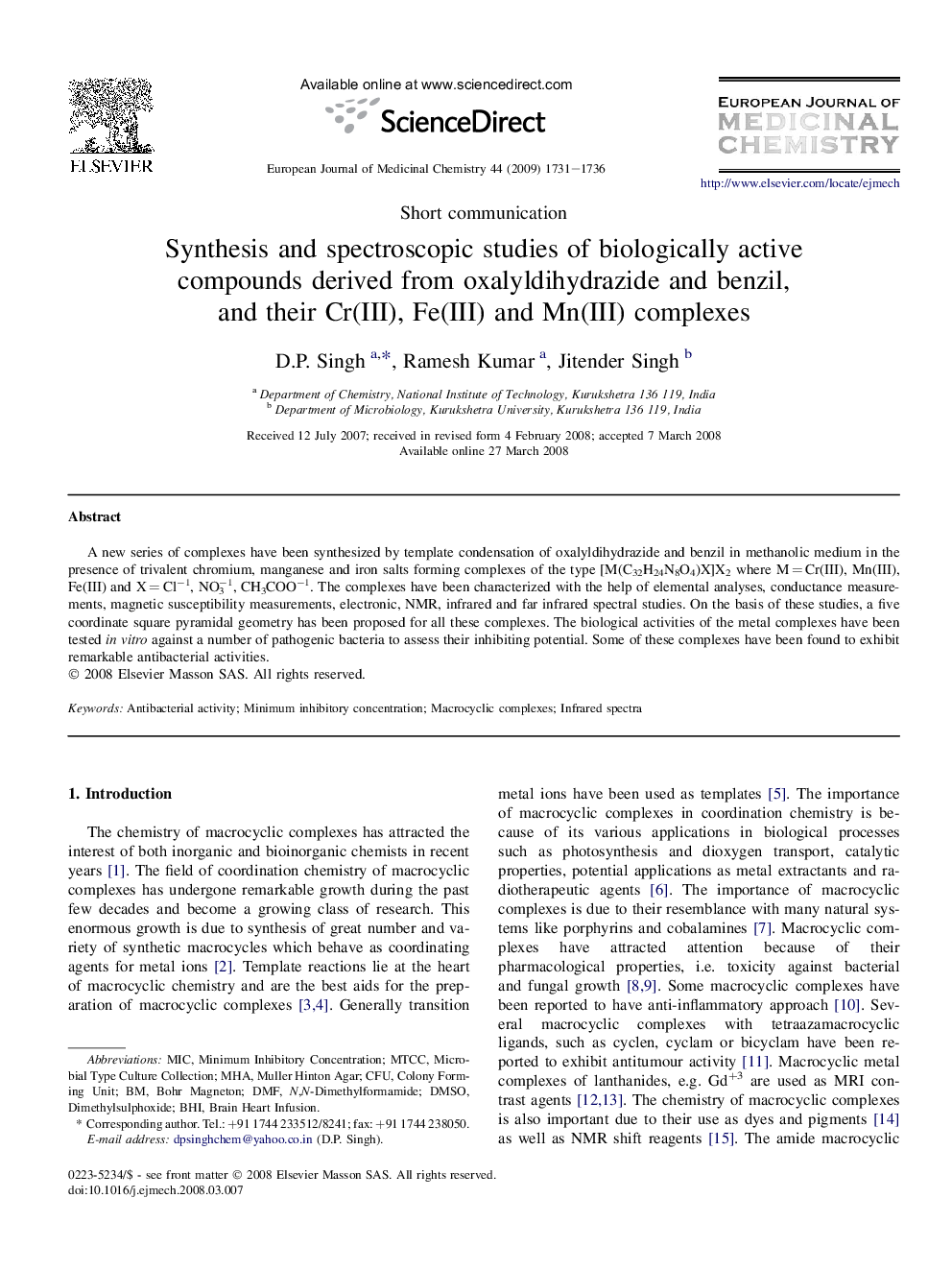 Synthesis and spectroscopic studies of biologically active compounds derived from oxalyldihydrazide and benzil, and their Cr(III), Fe(III) and Mn(III) complexes