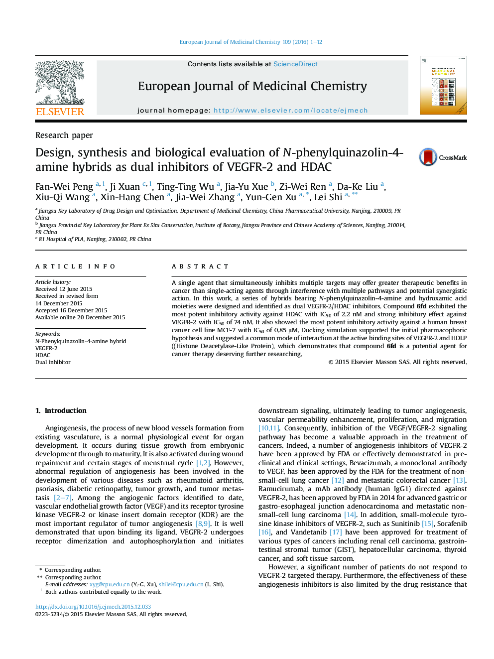 Design, synthesis and biological evaluation of N-phenylquinazolin-4-amine hybrids as dual inhibitors of VEGFR-2 and HDAC
