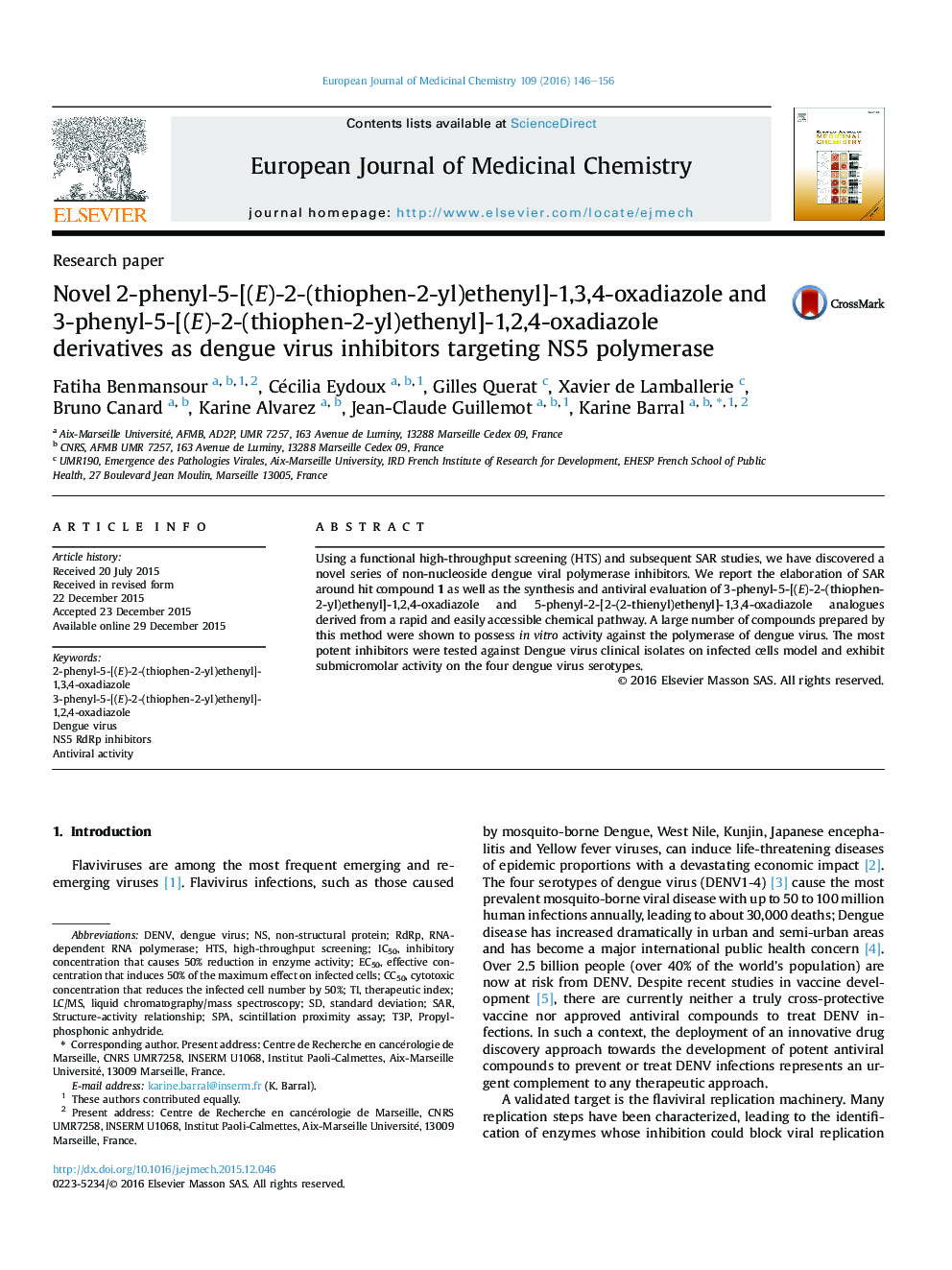 Novel 2-phenyl-5-[(E)-2-(thiophen-2-yl)ethenyl]-1,3,4-oxadiazole and 3-phenyl-5-[(E)-2-(thiophen-2-yl)ethenyl]-1,2,4-oxadiazole derivatives as dengue virus inhibitors targeting NS5 polymerase