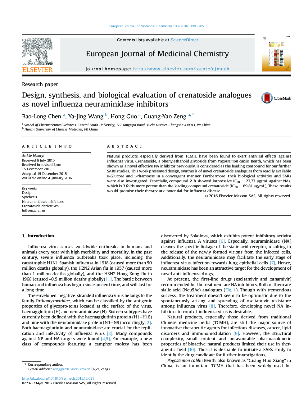 Design, synthesis, and biological evaluation of crenatoside analogues as novel influenza neuraminidase inhibitors