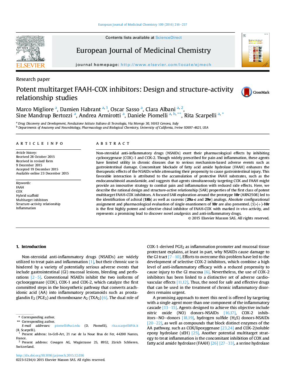 Potent multitarget FAAH-COX inhibitors: Design and structure-activity relationship studies