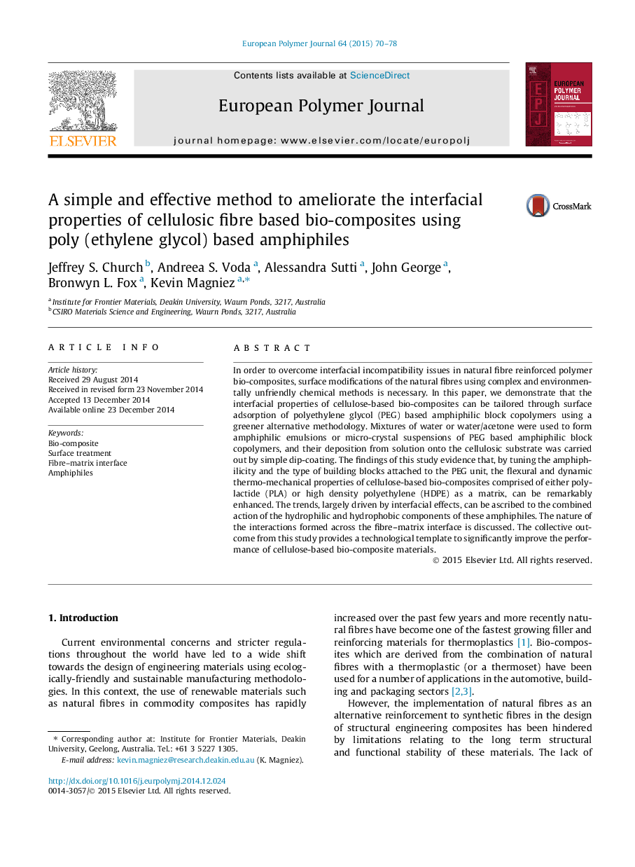 A simple and effective method to ameliorate the interfacial properties of cellulosic fibre based bio-composites using poly (ethylene glycol) based amphiphiles