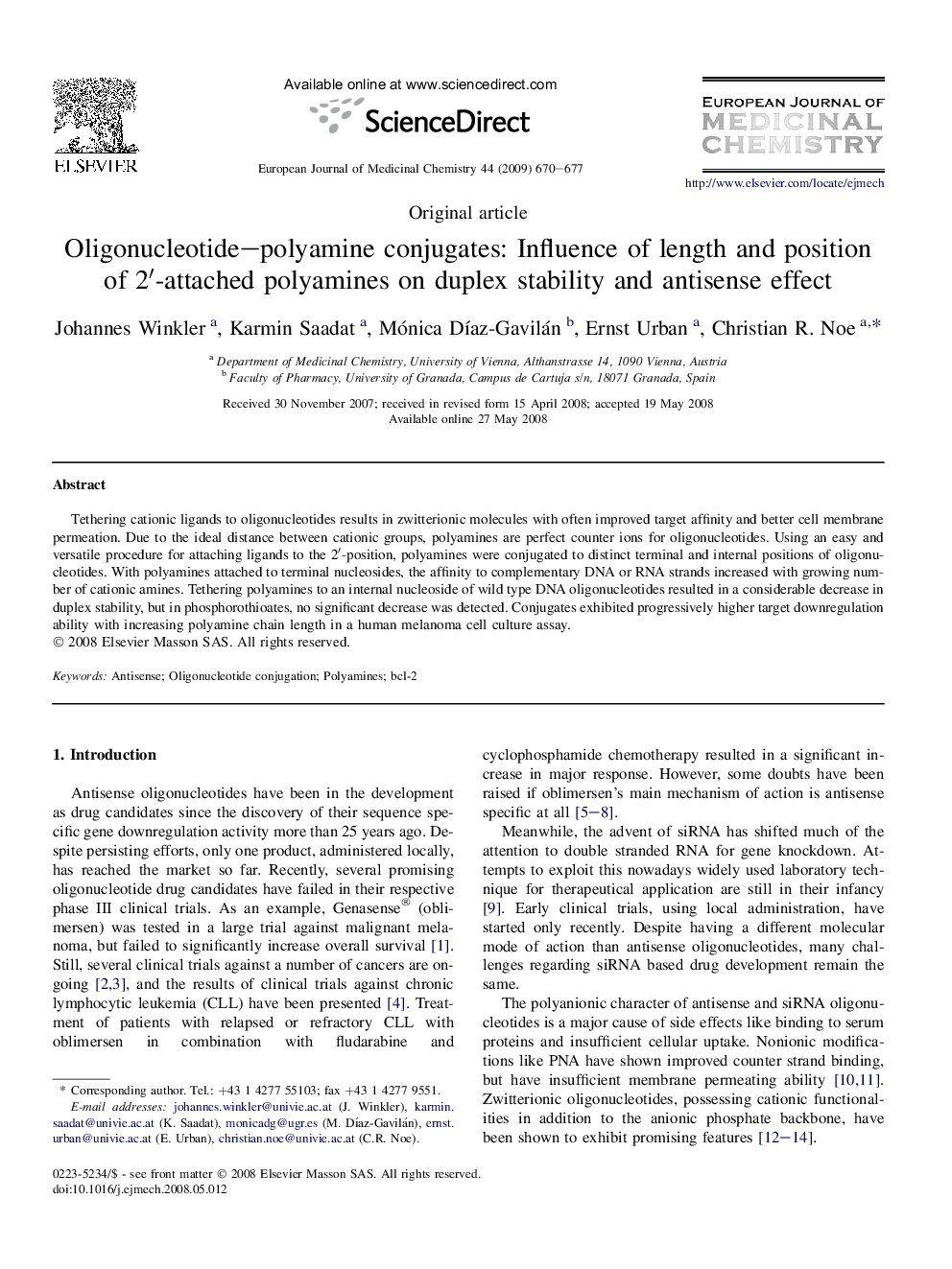 Oligonucleotide–polyamine conjugates: Influence of length and position of 2′-attached polyamines on duplex stability and antisense effect