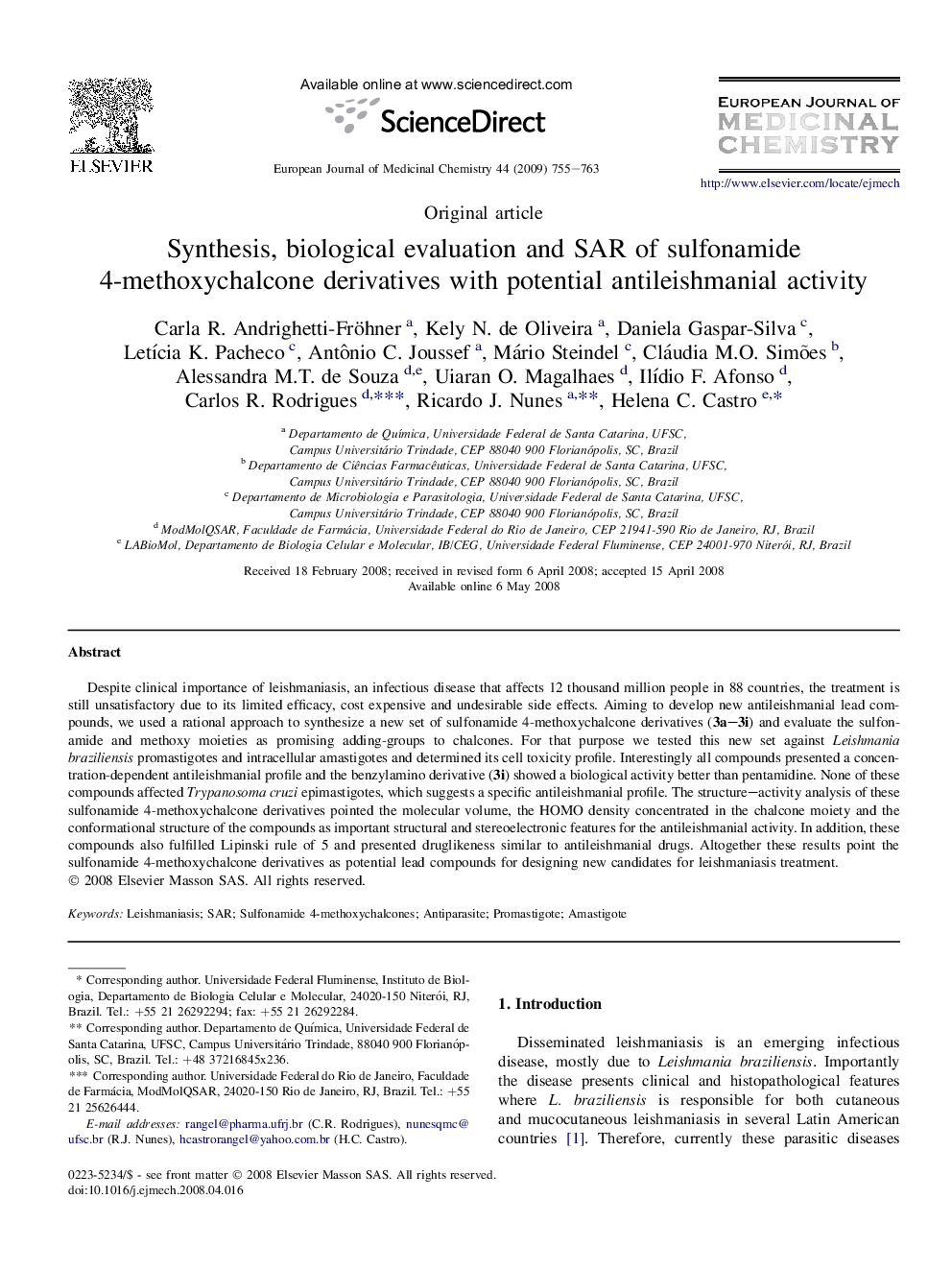 Synthesis, biological evaluation and SAR of sulfonamide 4-methoxychalcone derivatives with potential antileishmanial activity