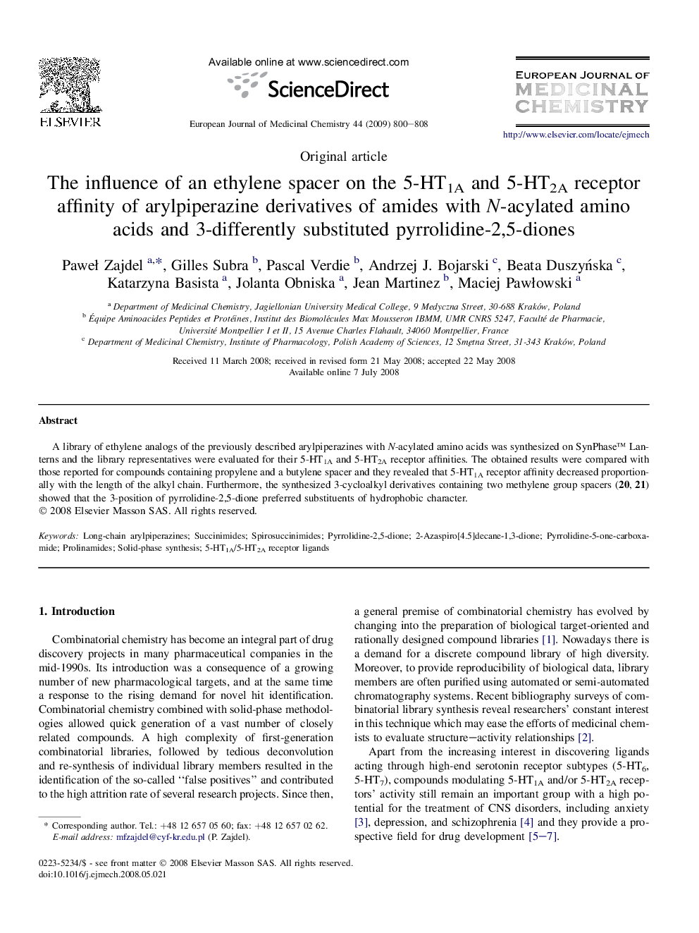 The influence of an ethylene spacer on the 5-HT1A and 5-HT2A receptor affinity of arylpiperazine derivatives of amides with N-acylated amino acids and 3-differently substituted pyrrolidine-2,5-diones