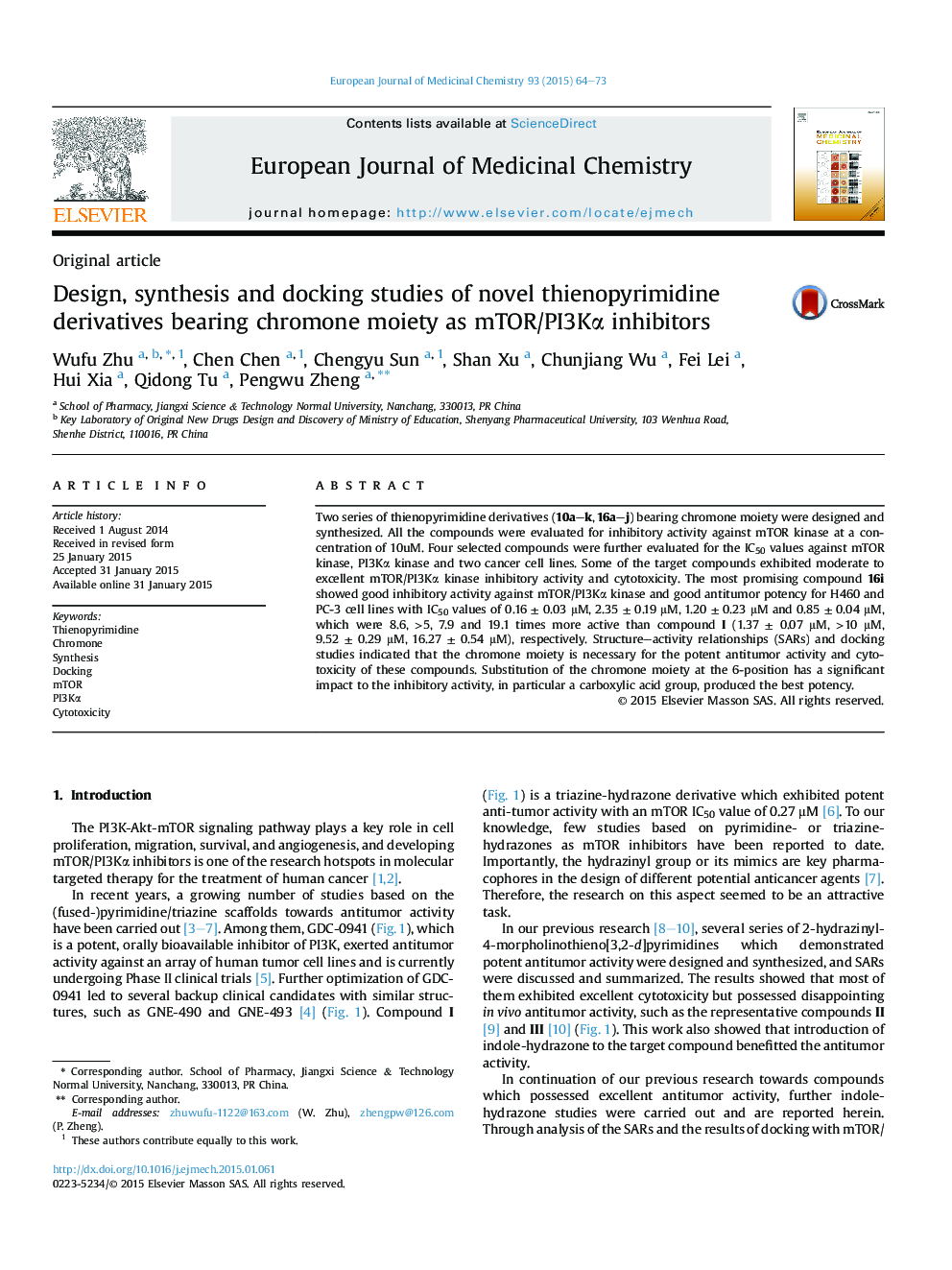 Design, synthesis and docking studies of novel thienopyrimidine derivatives bearing chromone moiety as mTOR/PI3Kα inhibitors