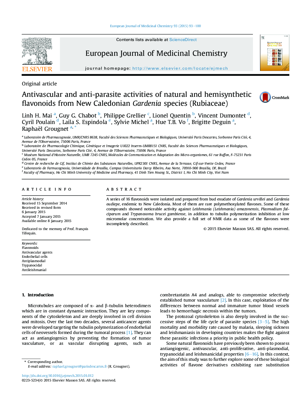 Antivascular and anti-parasite activities of natural and hemisynthetic flavonoids from New Caledonian Gardenia species (Rubiaceae)