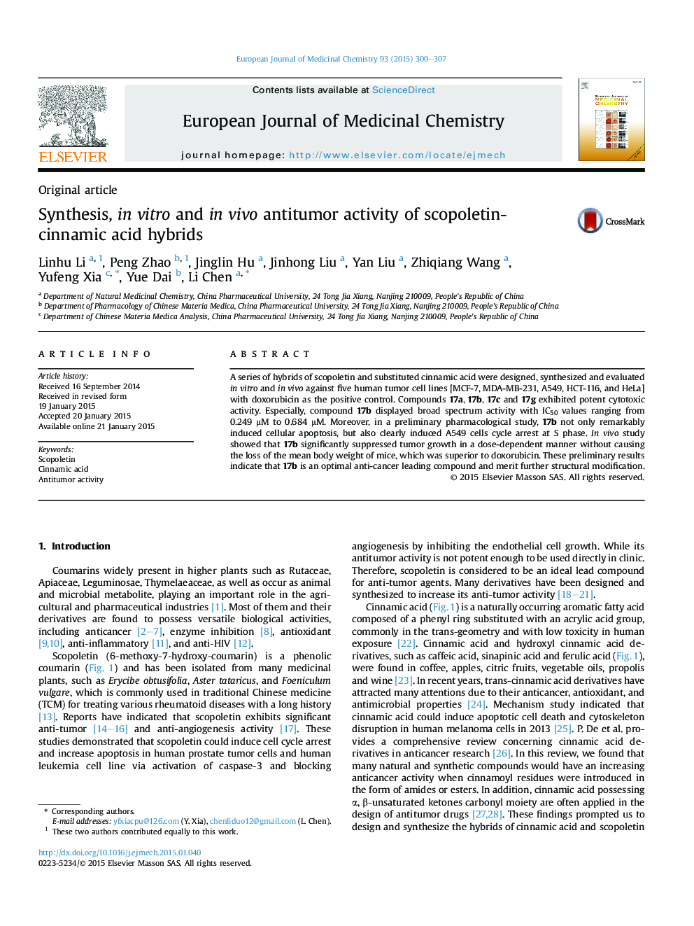 Synthesis, in vitro and in vivo antitumor activity of scopoletin-cinnamic acid hybrids