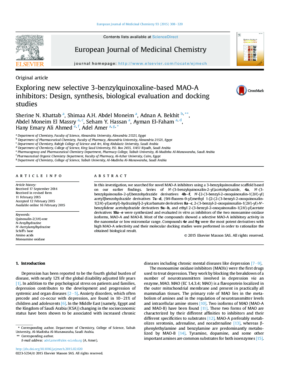 Exploring new selective 3-benzylquinoxaline-based MAO-A inhibitors: Design, synthesis, biological evaluation and docking studies