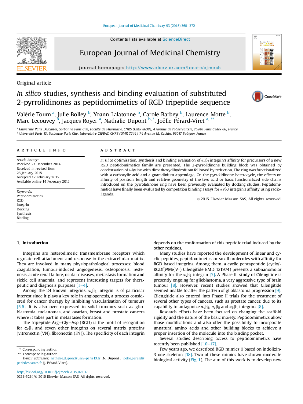 In silico studies, synthesis and binding evaluation of substituted 2-pyrrolidinones as peptidomimetics of RGD tripeptide sequence