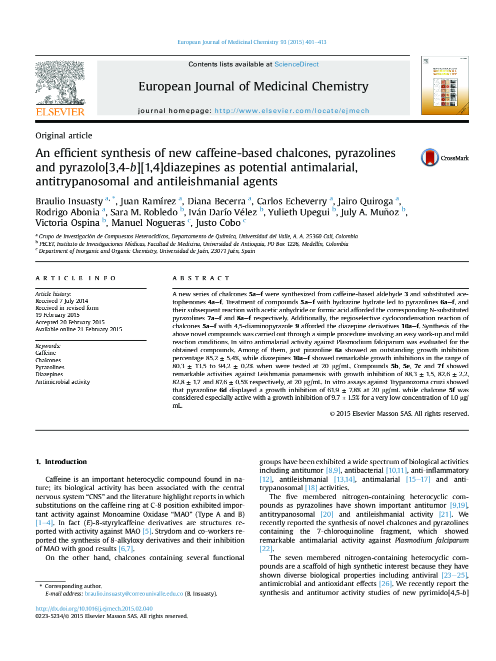 An efficient synthesis of new caffeine-based chalcones, pyrazolines and pyrazolo[3,4-b][1,4]diazepines as potential antimalarial, antitrypanosomal and antileishmanial agents