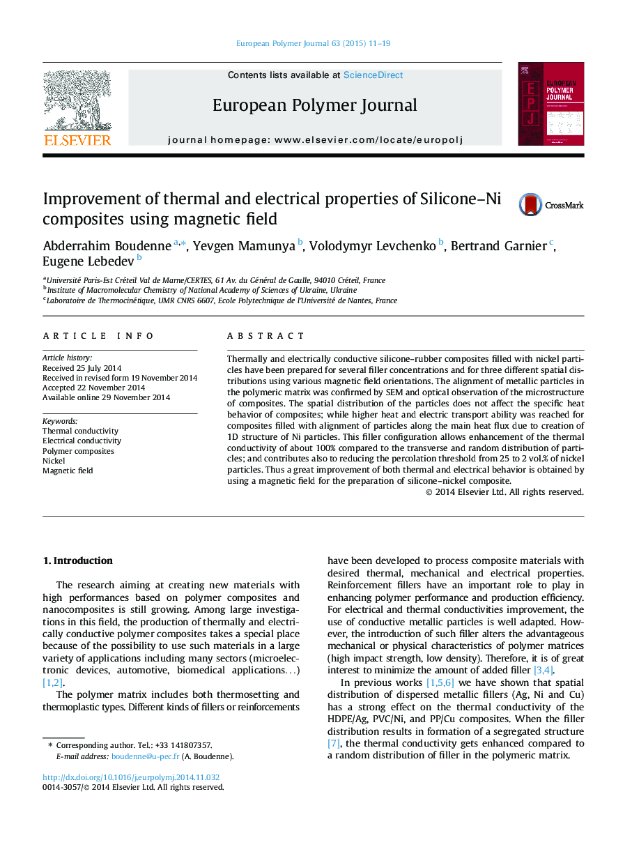 Improvement of thermal and electrical properties of Silicone–Ni composites using magnetic field