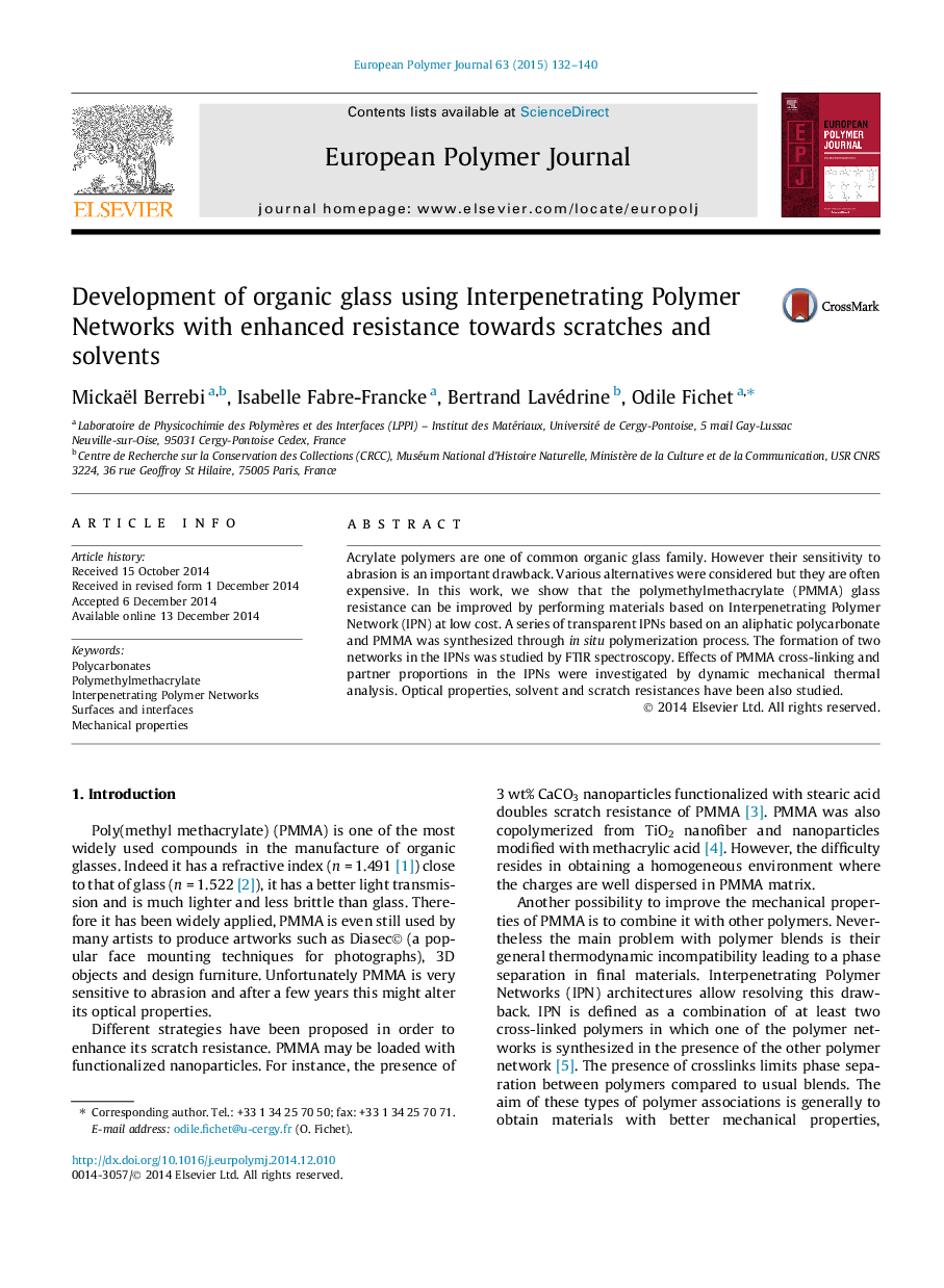 Development of organic glass using Interpenetrating Polymer Networks with enhanced resistance towards scratches and solvents