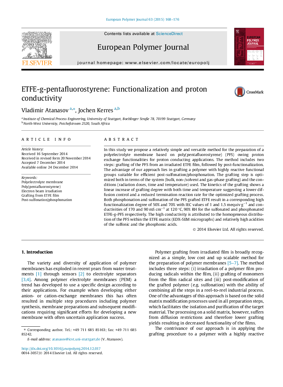 ETFE-g-pentafluorostyrene: Functionalization and proton conductivity