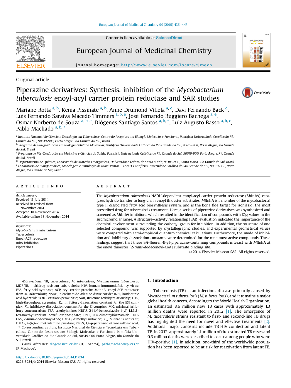 Piperazine derivatives: Synthesis, inhibition of the Mycobacterium tuberculosis enoyl-acyl carrier protein reductase and SAR studies