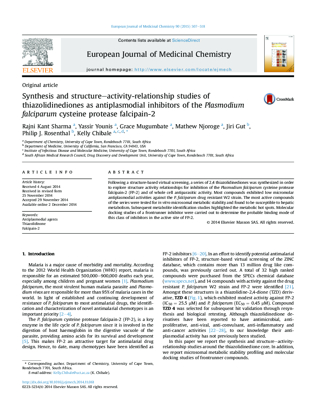 Synthesis and structure–activity-relationship studies of thiazolidinediones as antiplasmodial inhibitors of the Plasmodium falciparum cysteine protease falcipain-2