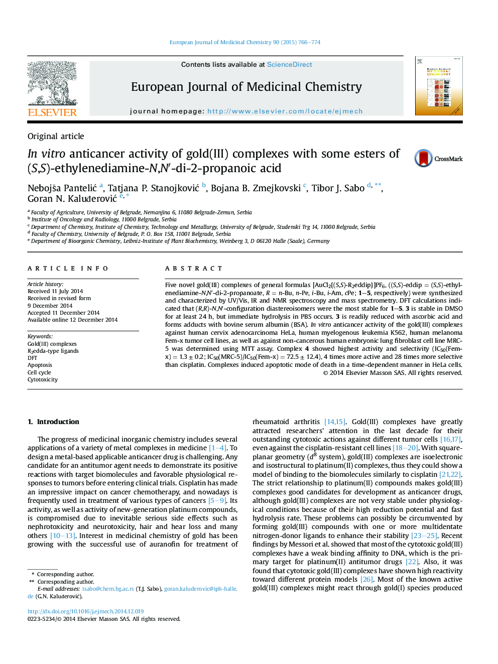 In vitro anticancer activity of gold(III) complexes with some esters of (S,S)-ethylenediamine-N,N′-di-2-propanoic acid