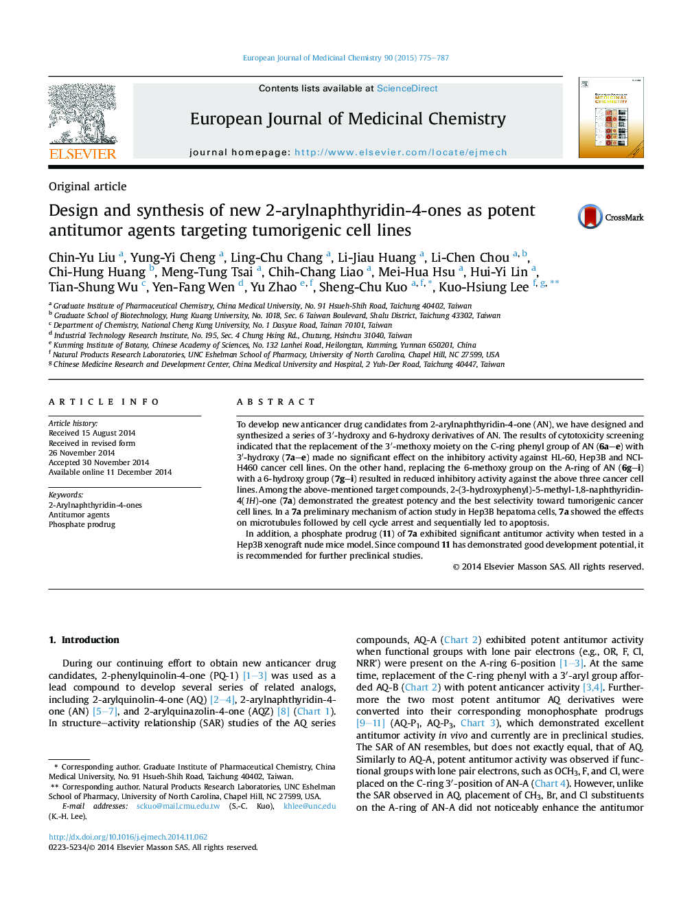 Design and synthesis of new 2-arylnaphthyridin-4-ones as potent antitumor agents targeting tumorigenic cell lines