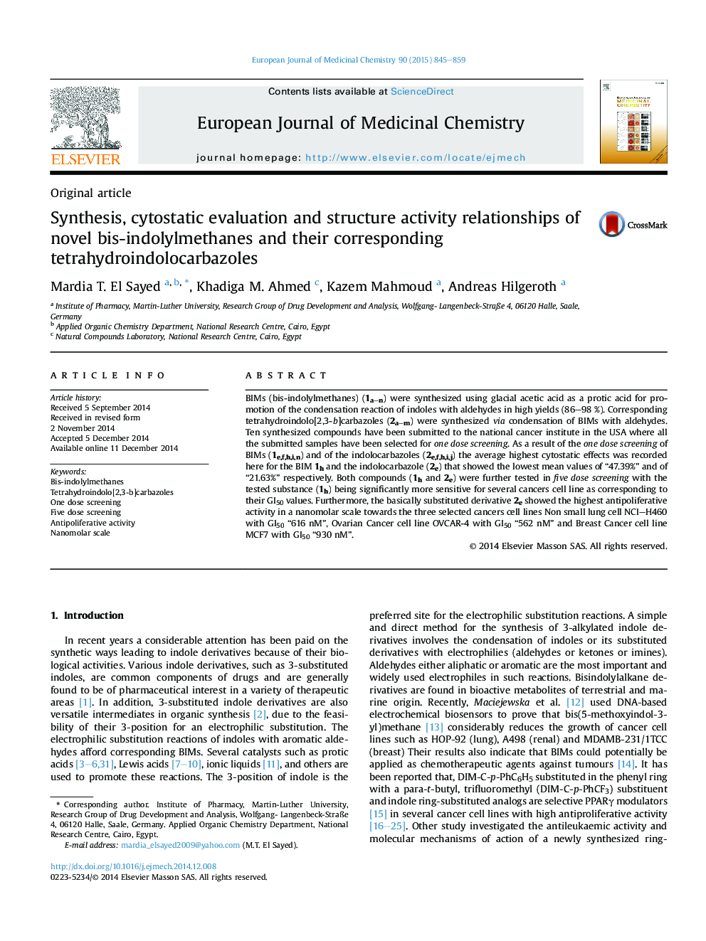 Synthesis, cytostatic evaluation and structure activity relationships of novel bis-indolylmethanes and their corresponding tetrahydroindolocarbazoles