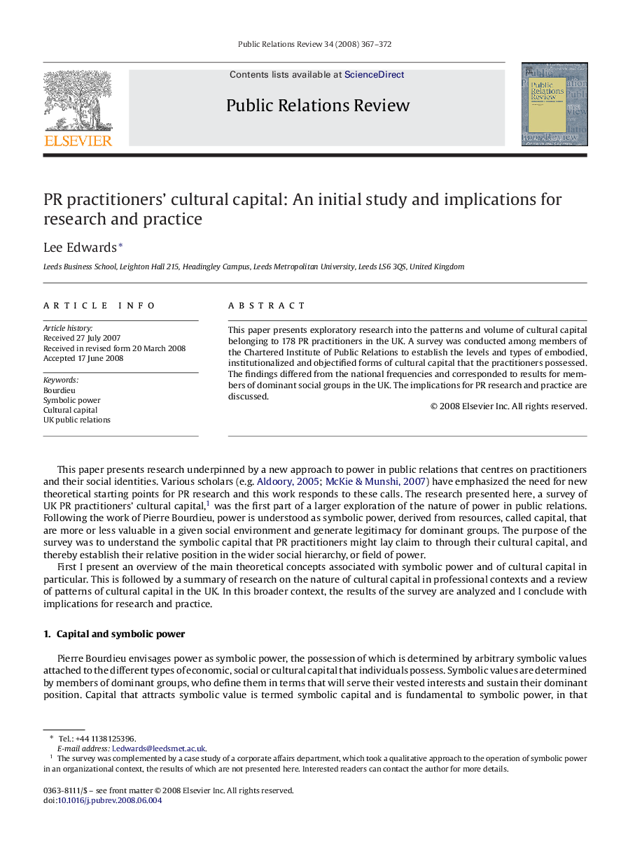 PR practitioners’ cultural capital: An initial study and implications for research and practice