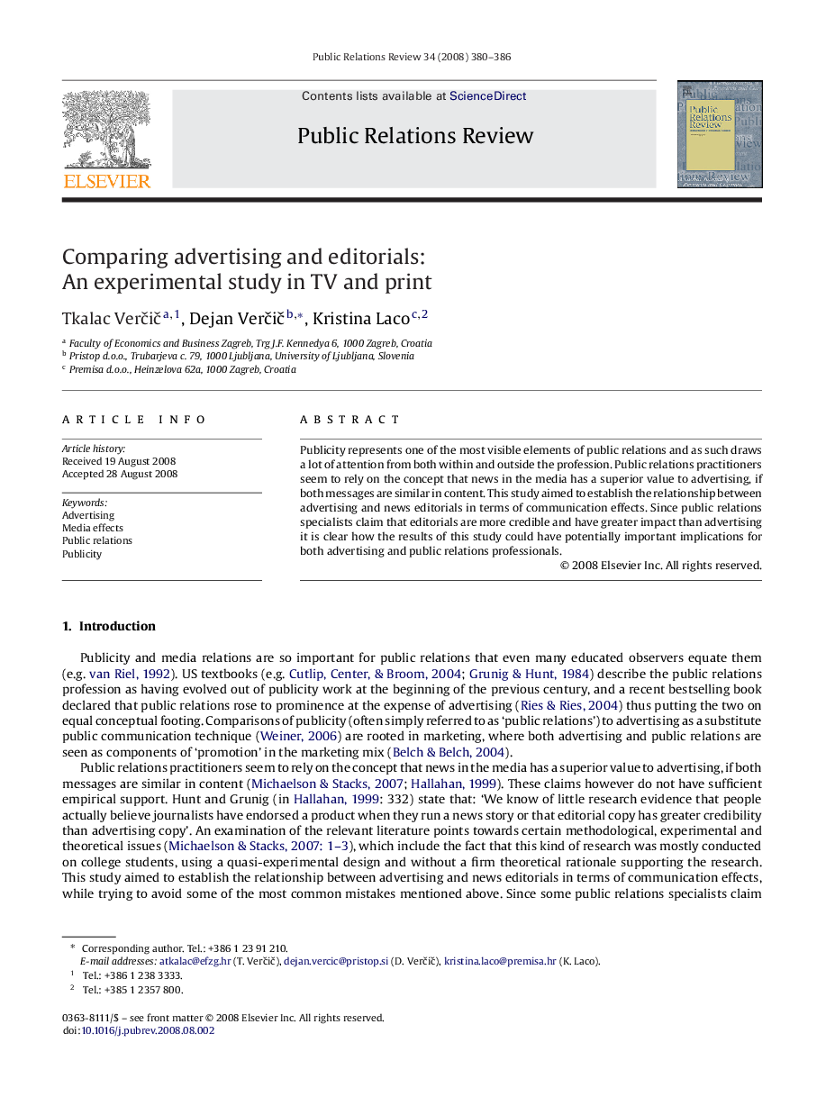 Comparing advertising and editorials: An experimental study in TV and print